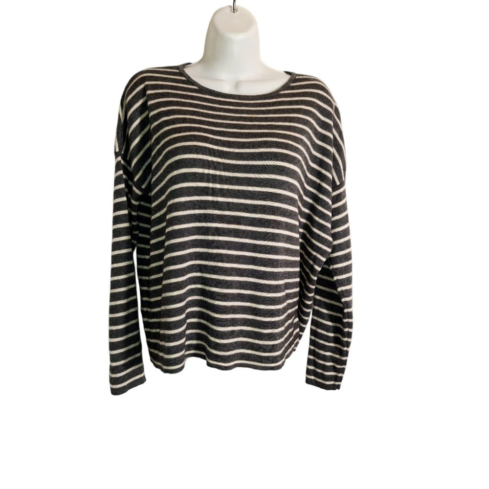 Eileen Fisher Gray White Striped Crew Neck Sweater M